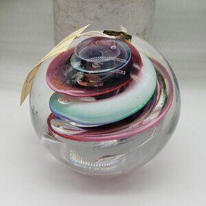 Marian Pyrcak Signed Pink Blue White Swirl 24% Crystal Glass Paperweight